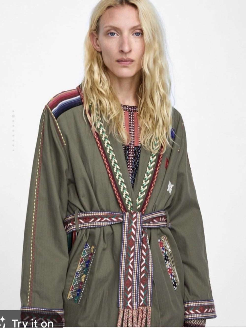 Zara Olive Embroidered Tie-Waist Khaki Coat